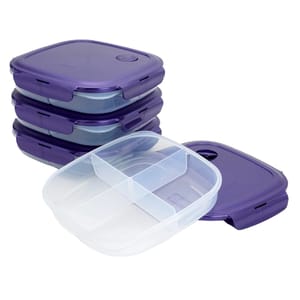 Four stackable, purple-lid storage containers with three compartments each, designed for food storage and organization.