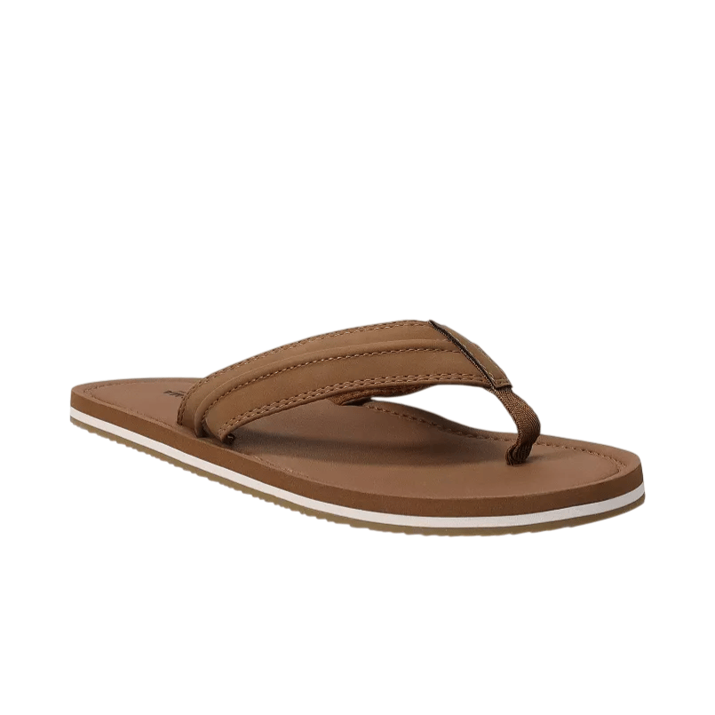 A brown flip-flop sandal with a thick strap and a white trim along the sole.