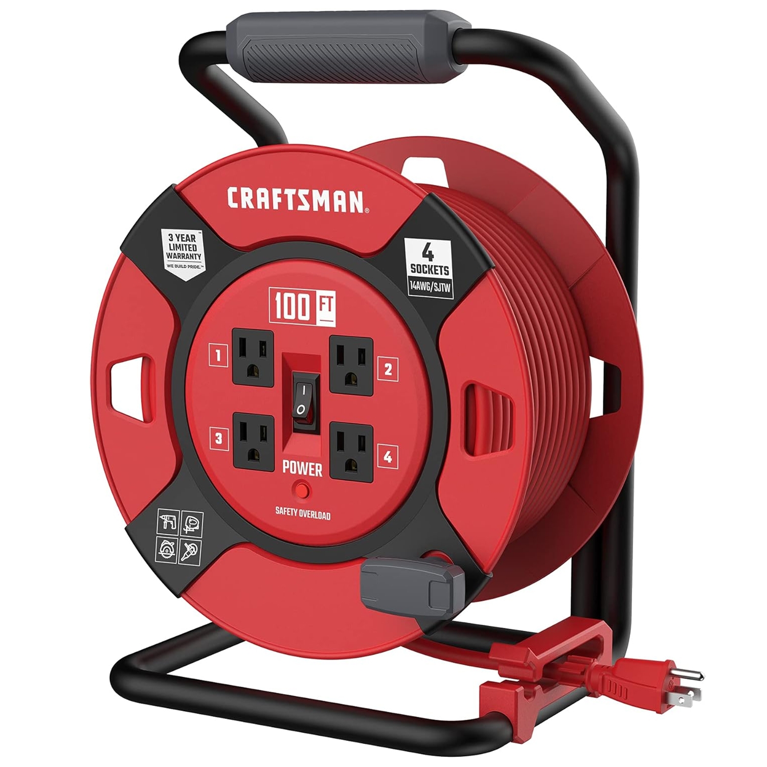 CRAFTSMAN 100' extension cord reel features four sockets, a 14AWG/SJTW cord, safety overload protection, and a power switch. It includes a sturdy handle and frame for easy transport and storage, with a 3-year limited warranty.