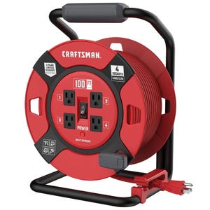 CRAFTSMAN 100' extension cord reel features four sockets, a 14AWG/SJTW cord, safety overload protection, and a power switch. It includes a sturdy handle and frame for easy transport and storage, with a 3-year limited warranty.