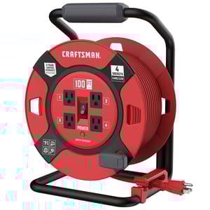 CRAFTSMAN 100' extension cord reel features four sockets, a 14AWG/SJTW cord, safety overload protection, and a power switch. It includes a sturdy handle and frame for easy transport and storage, with a 3-year limited warranty.