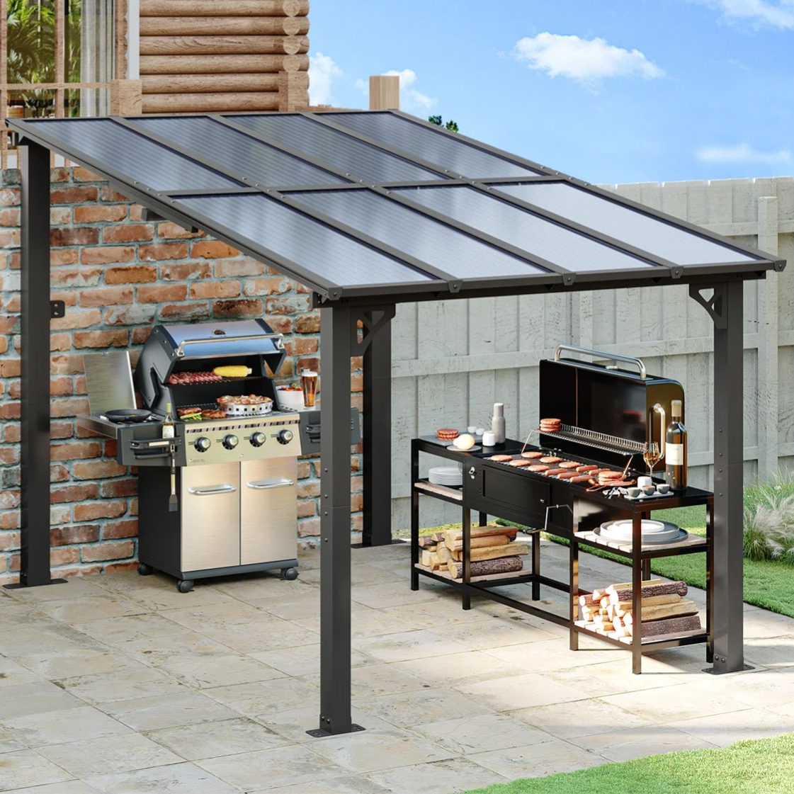 Outdoor grill area featuring a stainless steel BBQ grill with four burners, a side burner, and an open grill station under a metal-framed, clear-panel roof cover on a patio.
