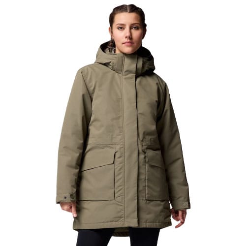 A person is wearing a hooded, olive green parka with large front pockets and a front zipper closure.