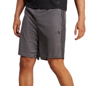 A pair of gray athletic shorts with side pockets, featuring a logo and stripes along the sides.