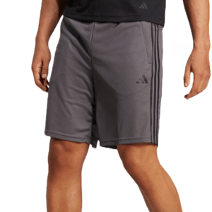 A pair of gray athletic shorts with side pockets, featuring a logo and stripes along the sides.