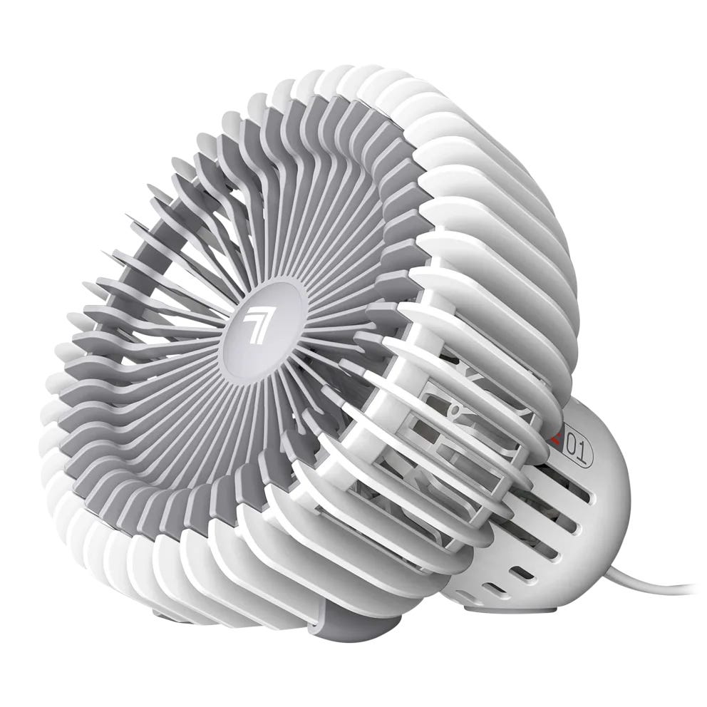 A compact white desktop fan with a circular grille design, featuring an adjustable tilt and a visible speed setting dial on the side, connected by a power cord.