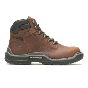 Brown leather work boots with black accents, featuring lace-up fronts and a cushioned collar, marked with the Wolverine brand logo.