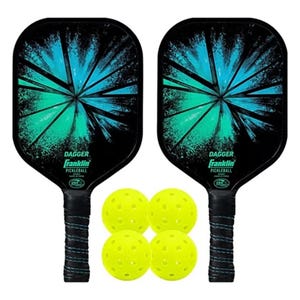 Franklin Pickleball Set includes two paddles with a striking blue and black design and four yellow perforated balls, suitable for outdoor play.
