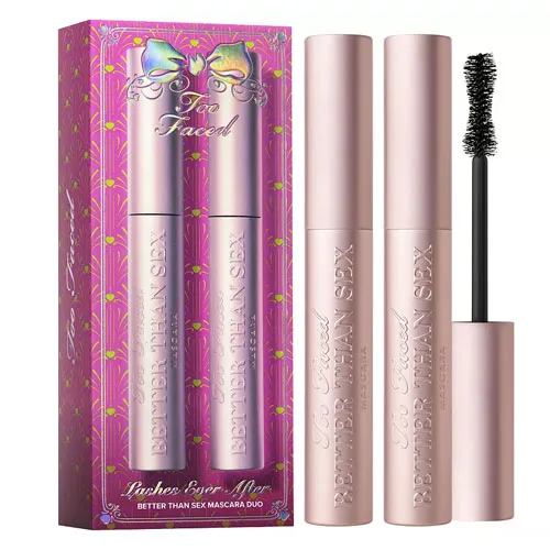 Two tubes of Too Faced \“Better Than Sex\“ mascara with one brush exposed, alongside decorative packaging.