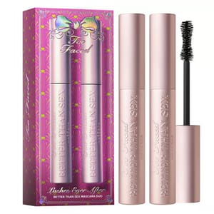 Two tubes of Too Faced \“Better Than Sex\“ mascara with one brush exposed, alongside decorative packaging.