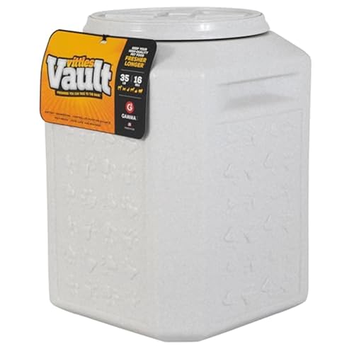 A white Vittles Vault Gamma2 container for pet food storage with an airtight lid, designed to keep food fresh. Capacity: 35 lbs.