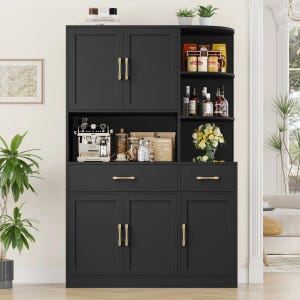 A black cabinet features coffee and bar setup with an espresso machine, coffee beans, liquor bottles, and decorative flowers. Two shelves on the right hold plants and additional bottles.