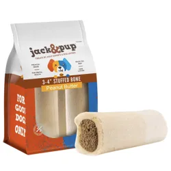 Jack & Pup peanut butter stuffed bone for dogs, 3-4\“ size, made with grass-fed beef and designed for dental health.