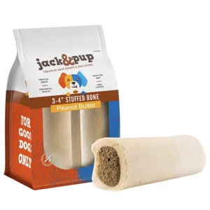 Jack & Pup peanut butter stuffed bone for dogs, 3-4\“ size, made with grass-fed beef and designed for dental health.