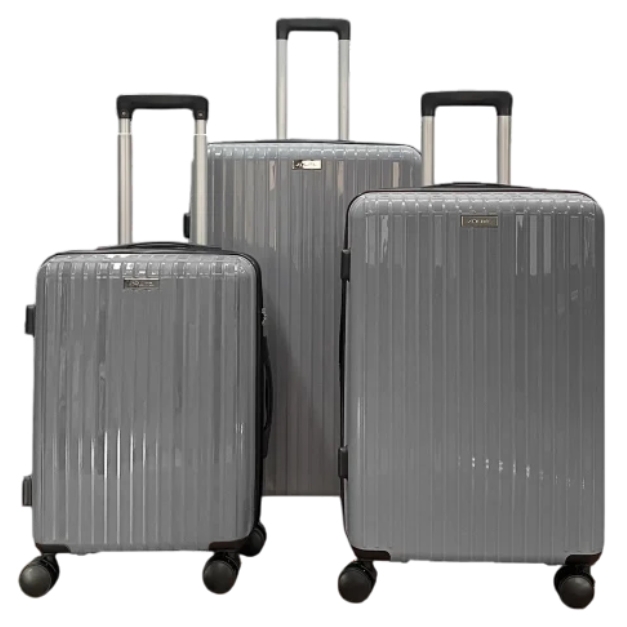 Three silver suitcases with a ridged design, telescopic handles, and four spinner wheels each, are shown in small, medium, and large sizes.
