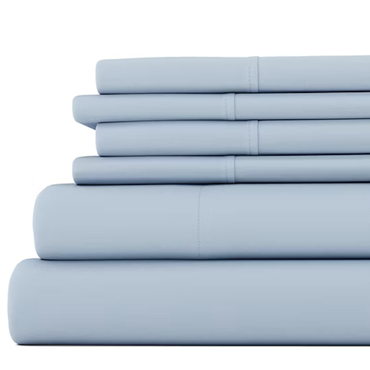 6-piece queen hypoallergenic sheet set in light blue includes fitted sheet, flat sheet, and four pillowcases.