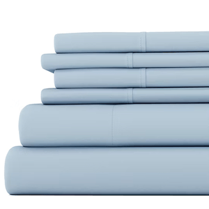 6-piece queen hypoallergenic sheet set in light blue includes fitted sheet, flat sheet, and four pillowcases.