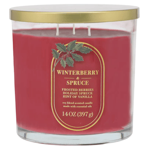 Winterberry & Spruce scented candle with notes of frosted berries, holiday spruce, and vanilla. Soy blend, 14 oz (397 g), with essential oils.
