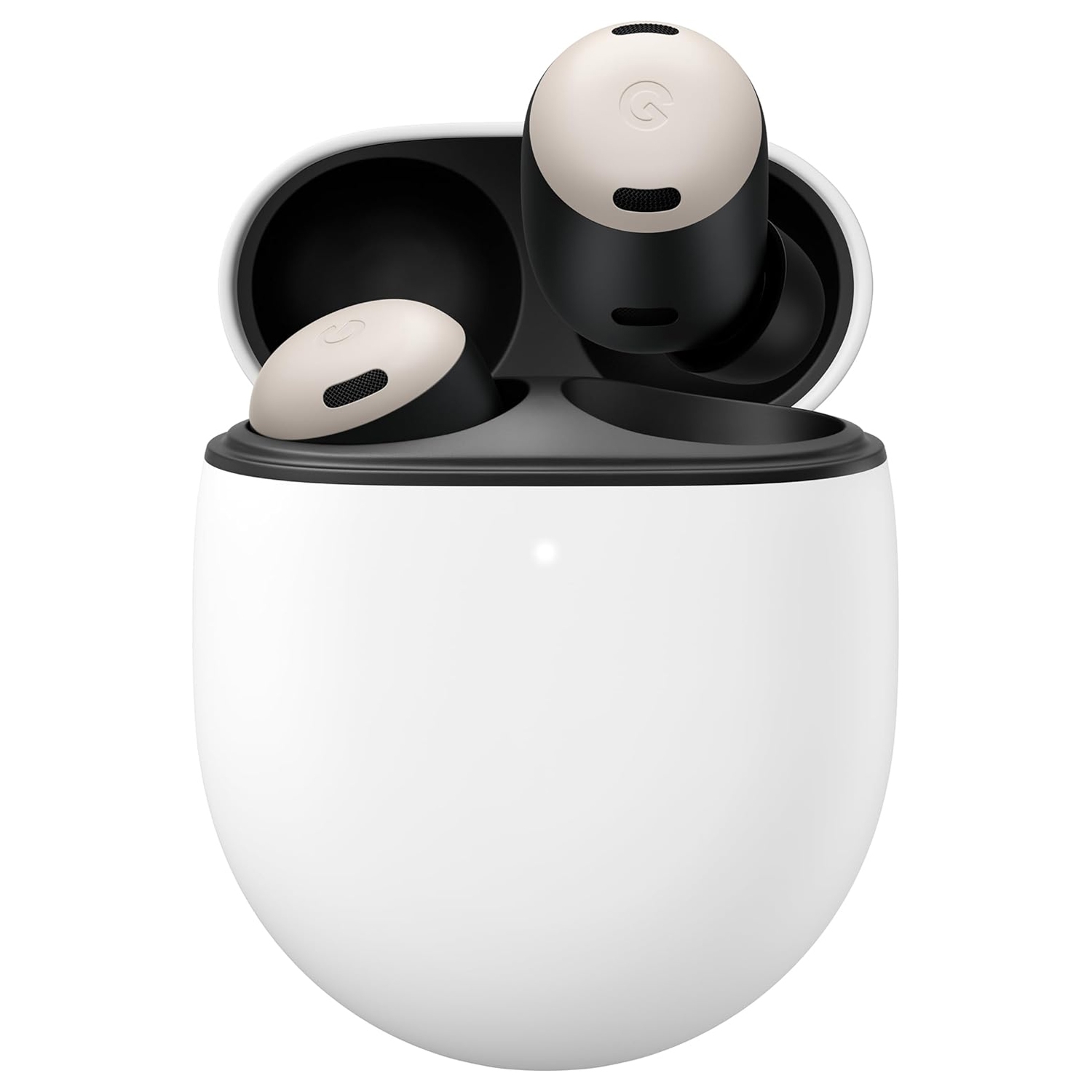 Wireless earbuds in a charging case with a sleek, modern design featuring a white exterior and black interior, displaying the Google logo on the earbuds.