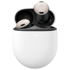Wireless earbuds in a charging case with a sleek, modern design featuring a white exterior and black interior, displaying the Google logo on the earbuds.