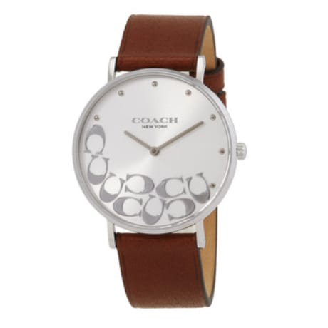 A Coach watch with a silver dial featuring cut-out brand logos, silver-tone hands, and a brown leather strap.
