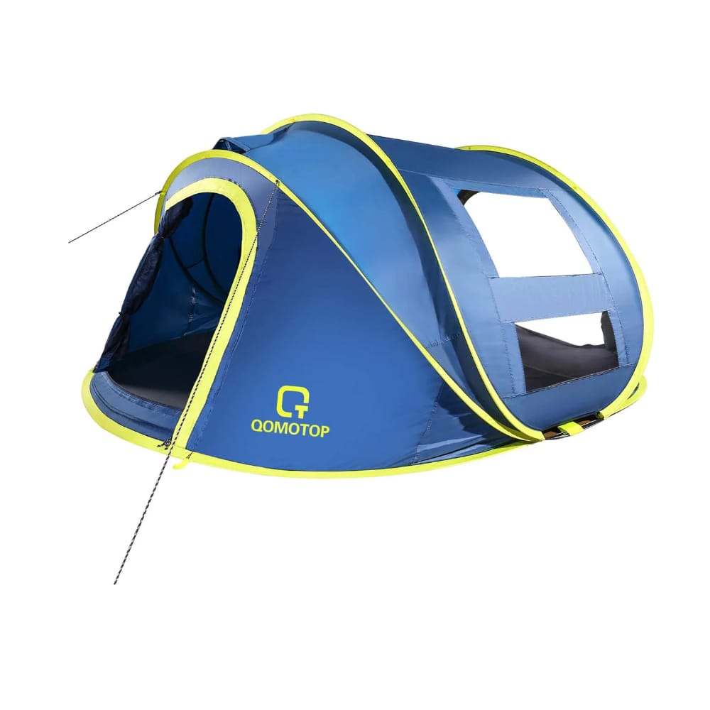 Blue and yellow pop-up camping tent with a brand logo on the side.