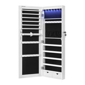 White wall-mounted jewelry cabinet with LED lighting, featuring multiple hooks, shelves, and drawers for organizing accessories. Lockable with a key for security.