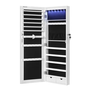 White wall-mounted jewelry cabinet with LED lighting, featuring multiple hooks, shelves, and drawers for organizing accessories. Lockable with a key for security.