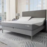 An adjustable bed with a gray upholstered frame, featuring a split mattress design for customizable comfort. The setup is in a bright room with large windows, a nightstand, and a lamp.