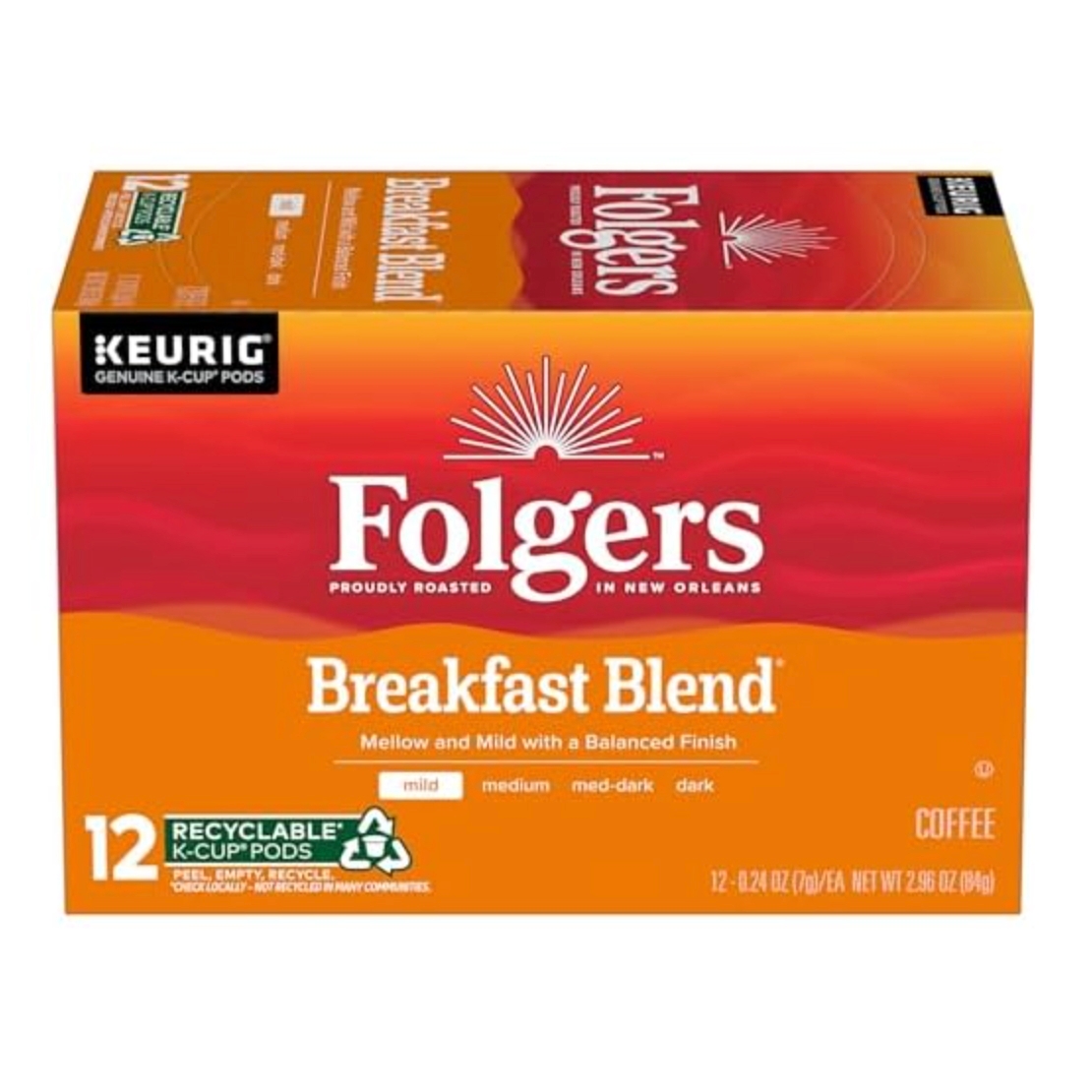Folgers Breakfast Blend coffee K-Cup pods, 12-count, mild roast, compatible with Keurig machines and recyclable.