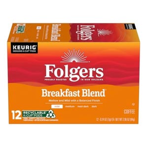 Folgers Breakfast Blend coffee K-Cup pods, 12-count, mild roast, compatible with Keurig machines and recyclable.
