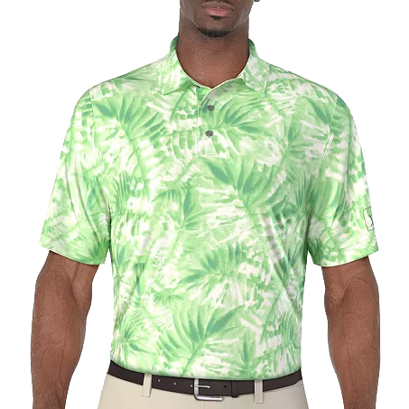 A short-sleeve, green tie-dye polo shirt with a leafy pattern, worn by a person with beige pants and a black belt.