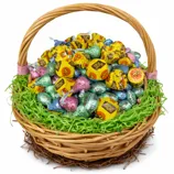 A wicker basket filled with various colored Hershey's Kisses and Reese's Peanut Butter Cups, surrounded by green decorative grass.