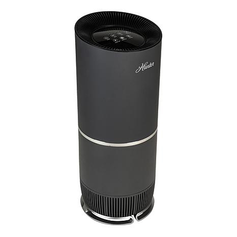 Hunter HEPA Air Purifier with a sleek black cylindrical design features touch controls on top. It efficiently filters air to remove allergens and pollutants, ideal for maintaining clean indoor air quality.