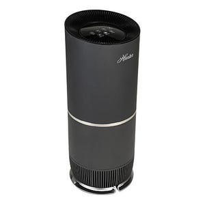 Hunter HEPA Air Purifier with a sleek black cylindrical design features touch controls on top. It efficiently filters air to remove allergens and pollutants, ideal for maintaining clean indoor air quality.