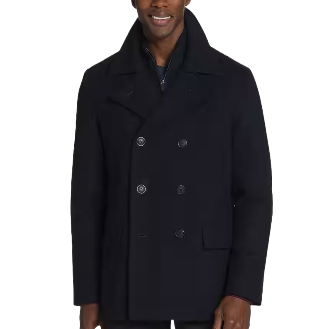 A dark wool peacoat featuring a double-breasted design with large buttons, notched lapels, and side pockets, offering a classic, tailored fit.