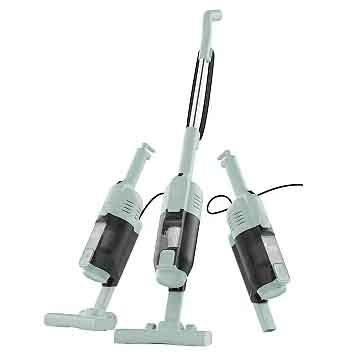 A light blue cordless stick vacuum cleaner is shown in three positions: upright, hand-held, and tilted, demonstrating its versatility for various cleaning tasks.