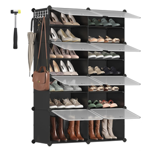 Shoe rack with black compartments and transparent doors, featuring six rows for various shoe types, including boots and heels. Includes hooks on the side for accessories like bags and umbrellas, and a small hammer for assembly.