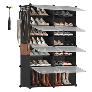 Shoe rack with black compartments and transparent doors, featuring six rows for various shoe types, including boots and heels. Includes hooks on the side for accessories like bags and umbrellas, and a small hammer for assembly.