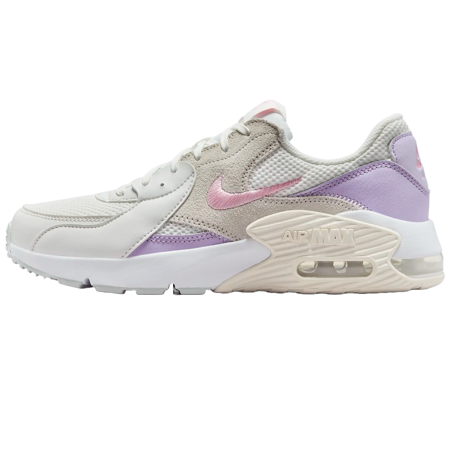 Nike Air Max sneaker in light gray, pink, and purple tones featuring mesh and leather upper with visible air cushioning in the sole.