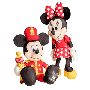 Plush toys of two iconic cartoon mice, one in a band leader outfit holding a baton, and the other in a red dress with white polka dots and a bow.