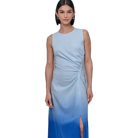Sleeveless dress with a light blue to deep blue gradient, showcasing a side ruched design and a front slit.