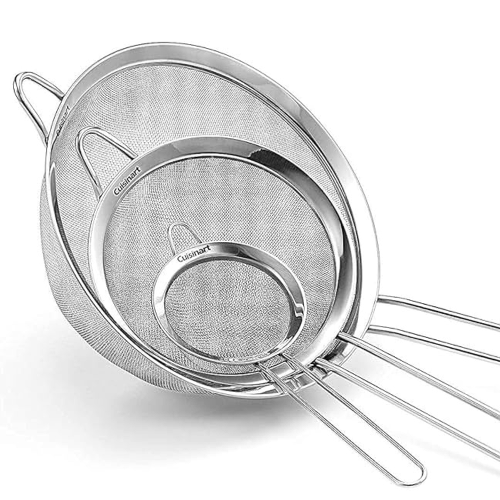 A set of three stainless steel mesh strainers with varying diameters, each featuring double handles and a hook for easy handling and storage.