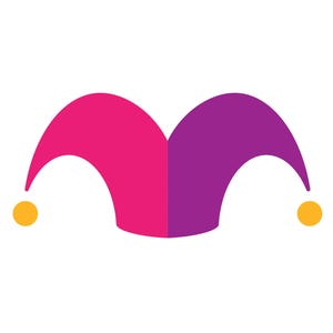 A stylized jester hat with one side pink and the other purple, each ending with a yellow circle.