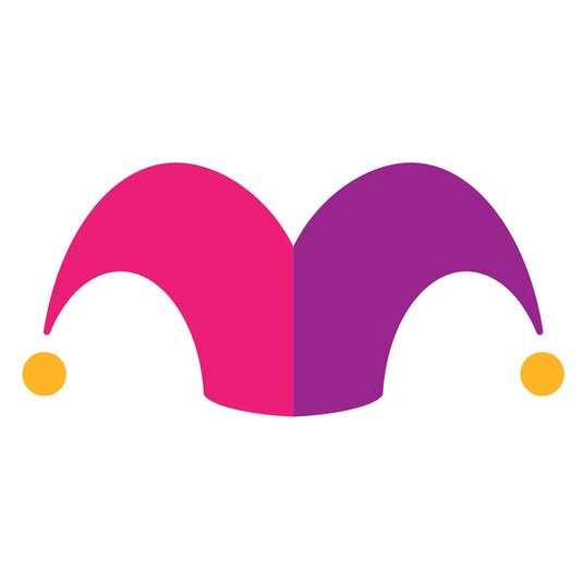 A stylized jester hat with one side pink and the other purple, each ending with a yellow circle.