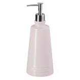 Pink liquid soap dispenser with a silver pump, featuring a sleek, tapered design.