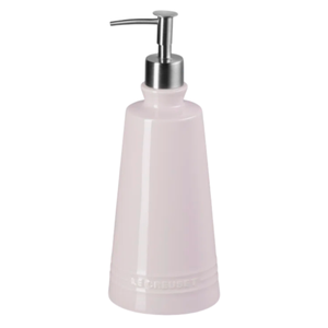 Pink liquid soap dispenser with a silver pump, featuring a sleek, tapered design.
