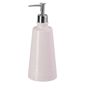 Pink liquid soap dispenser with a silver pump, featuring a sleek, tapered design.