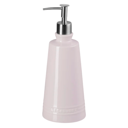 Pink liquid soap dispenser with a silver pump, featuring a sleek, tapered design.
