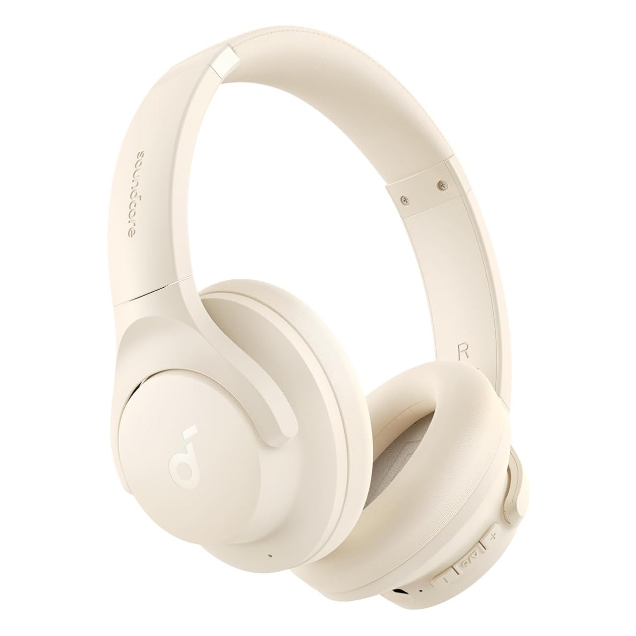 Cream-colored Soundcore noise-canceling over-ear headphones with a smooth design, adjustable headband, and buttons for playback control.
